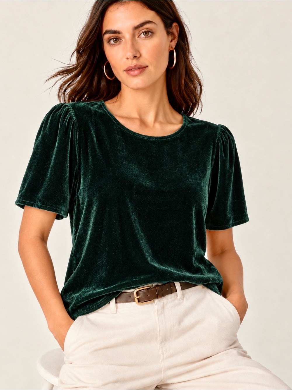 J.Crew Deep Emerald Green Velvet Puff Sleeve Top Size M Holiday Party Fall Cozy